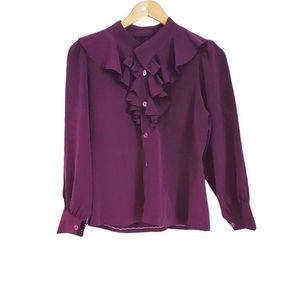 Plum Ruffle Vintage 80s Long Sleeve Button Up Blouse